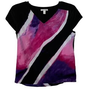 DANA BUCHMAN CAP SLEEVE, V-NECK PULL-OVER STYLE BLOUSE-WOMENS, M-BLACK PINK BLUE